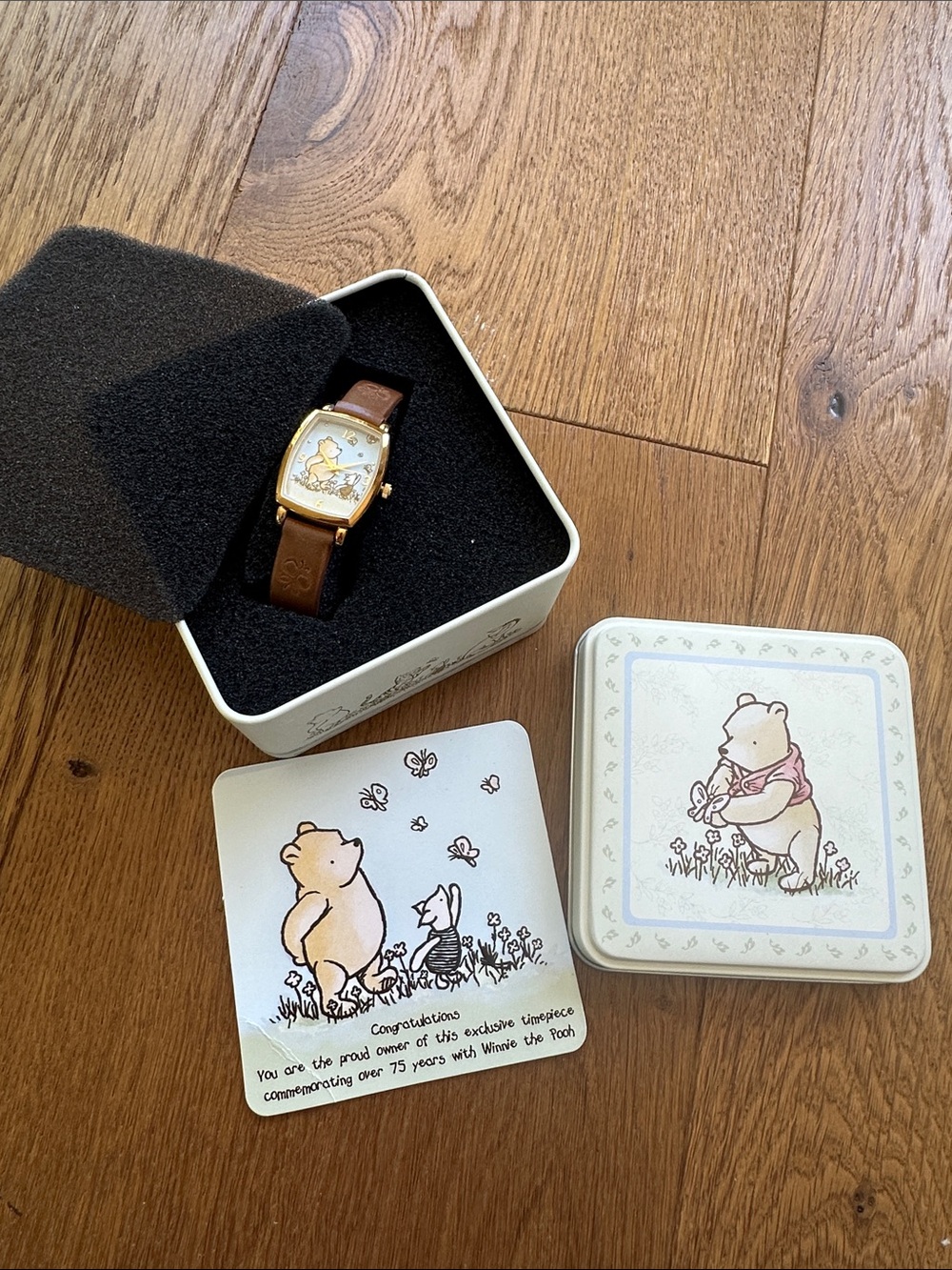 Disney Brown Leather Strap Winnie the Pooh Watch with Gold-Tone Case